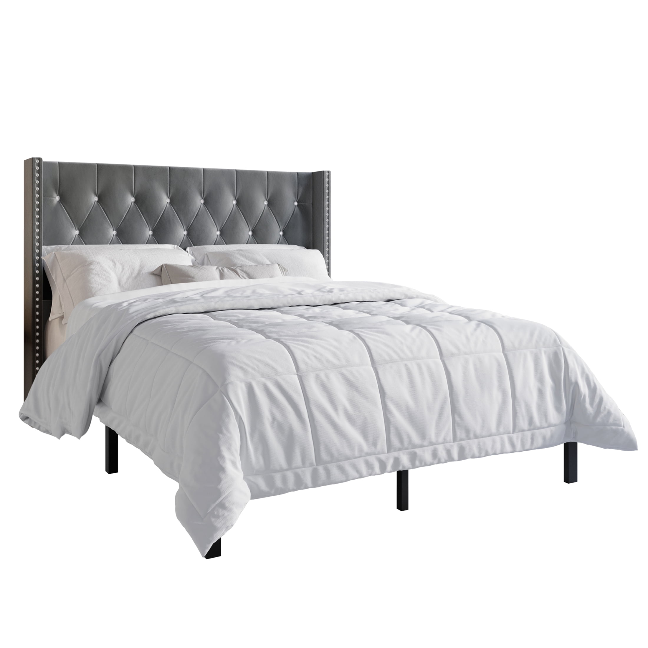 Castle Place Button Tufted Wingback Velvet Upholstered Bed with 2 Nightstand Light Grey, King