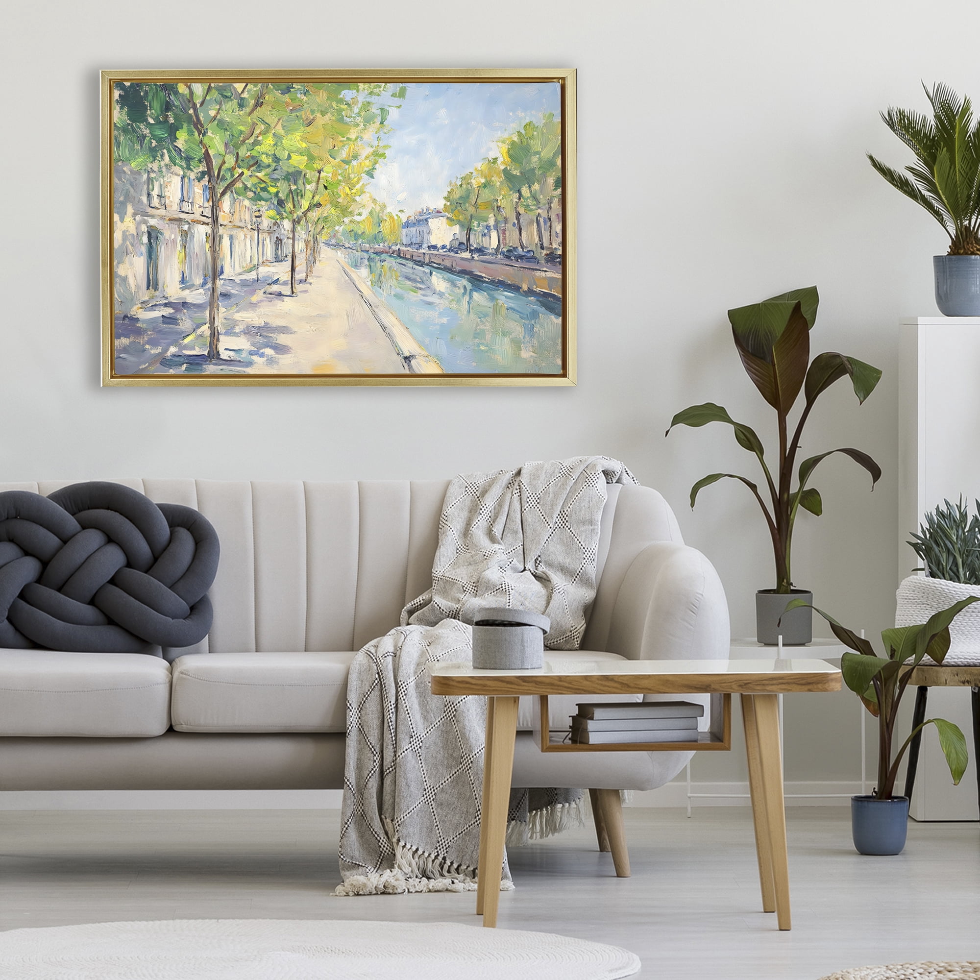 Stupell Industries Montrouge Canal Promenade Gold Framed Floater Canvas Wall Art, design by Creative Studio