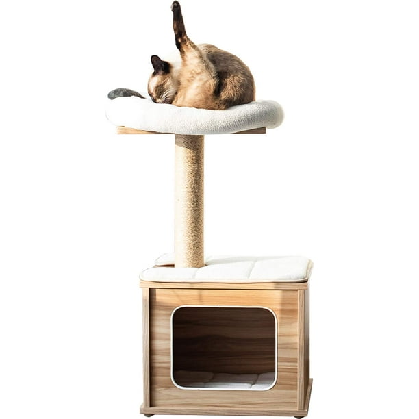 Catry Wooden Cat Tree Condo Tower with Natural Sisal Rope Scratching