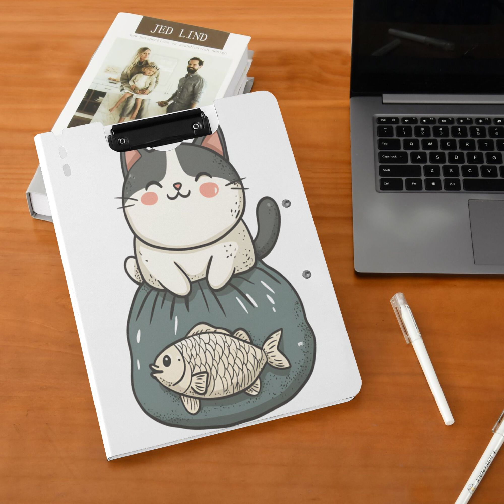 FORMRS A4 Clipboard Folder with Pen Holder Horizontal Foldable School Office Binder, Beige Cute Cat