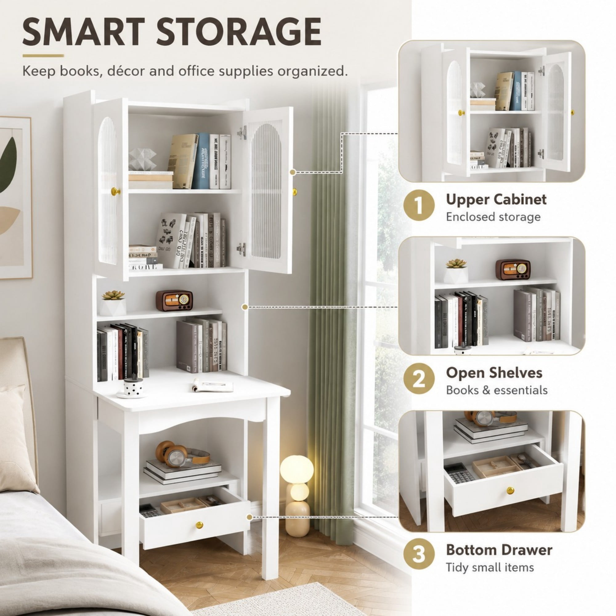 DEALTOPS 70.9-Inch Slim Fold-Out Desk Cabinet with Bookshelf and Drawer, Convertible Writing Desk, White