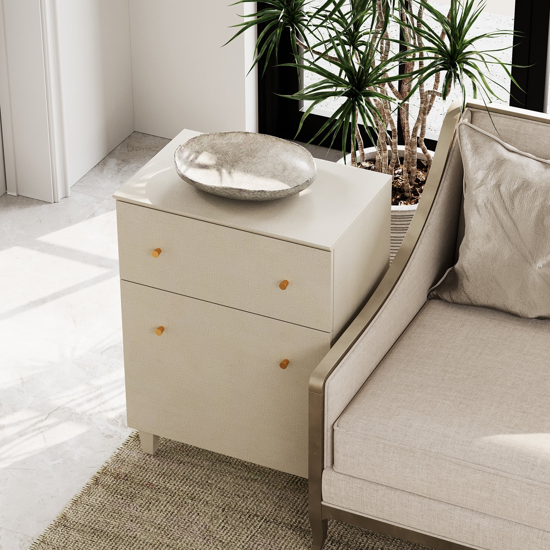 Living Room End Table, Large Sofa Side Tables with 1 Drawer and 1 Door, Beige Fabric Texture Finish Nightstand for Bedroom