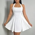 thumbnail image 3 of Women's White Halter Neck Backless Mini Dress Fit and Flare Skater Graduation Party Dress, 3 of 5