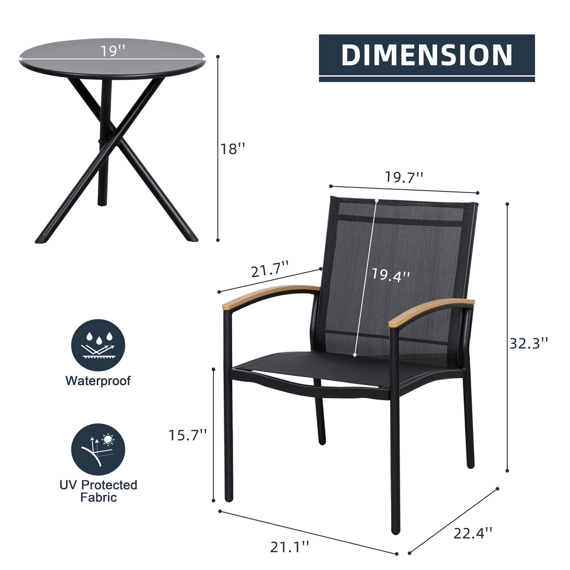 Walsunny Outdoor Patio Bistro Sets 3-Piece Balcony Furniture with 2 Bistro Chairs 1 Outdoor Bistro Table Black
