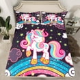 thumbnail image 2 of Feelyou Girls Cute Unicorn Full Size Sheets, Kawaii Rainbow Stars Bed Sheets, Cartoon Clouds Sheet Sets, Black Room Decor, 2 of 7
