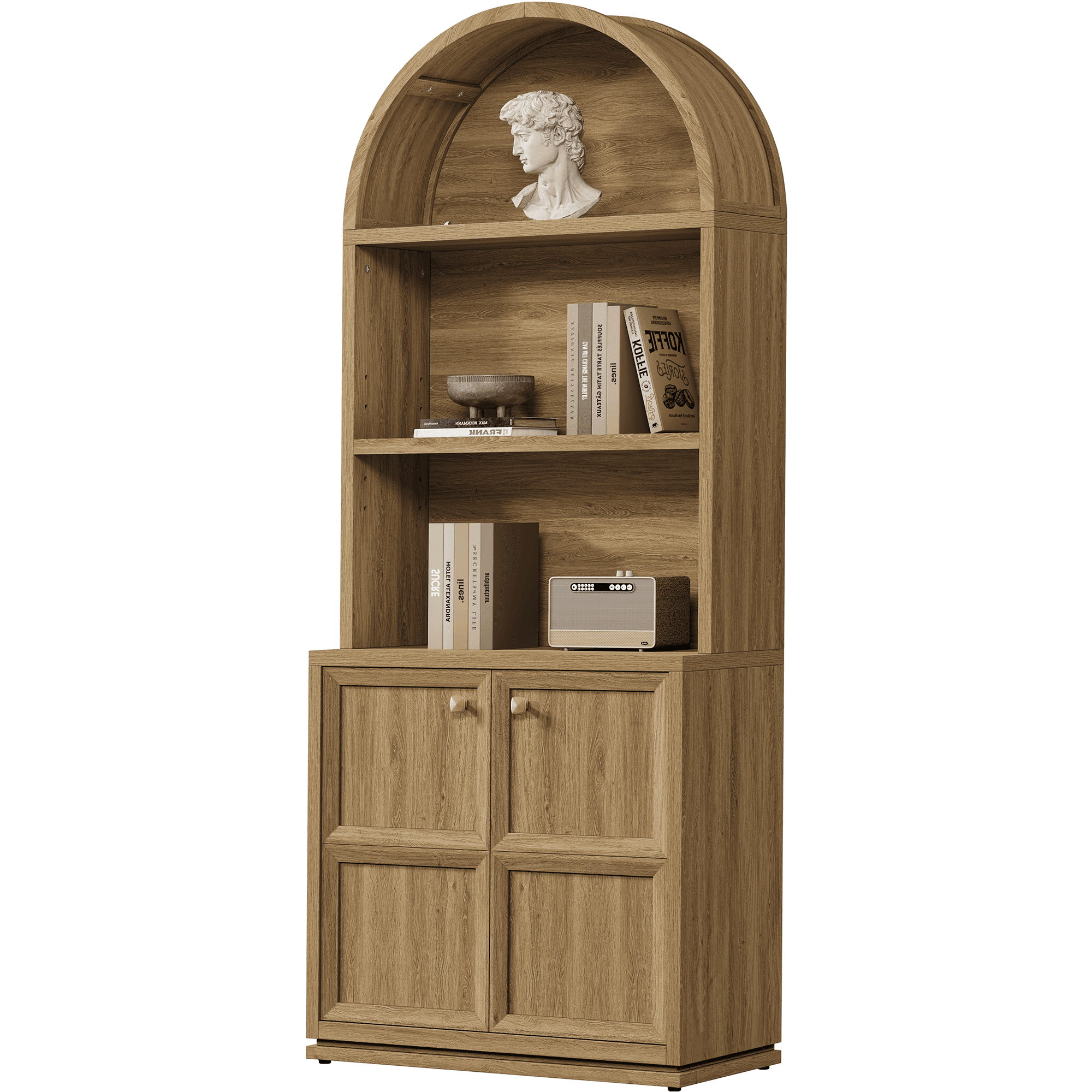 SICOTAS 81" Tall Arched Kitchen Pantry Storage Cabinet with Doors & Adjustable Shelves, Oversized 5-Tier Farmhouse Cupboard with Cable Management for Dining Room, Living Room, Brown Oak