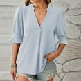thumbnail image 2 of ATOYSOY Women's Casual Elegant Dressy Shirts Loose Pleated Tops Ruffle Sleeve Basic Tees Deep V Neck Blouses Cleanrance Solid Color Pullovers Summer Fashion for Female Blue L, 2 of 4