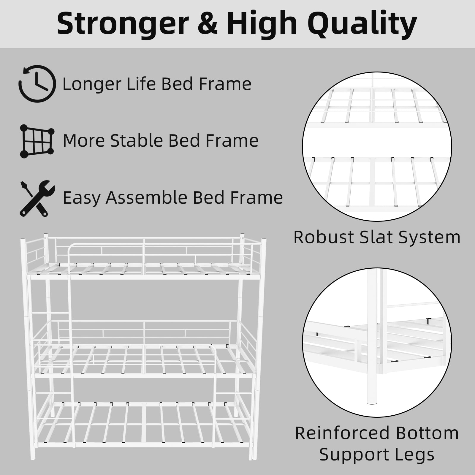 Alvantor Triple Bunk Bed Twin Over Twin Over Twin 3-in-1 Metal Bed Frame for Kids Teens with Ladders and Safety Guardrails White