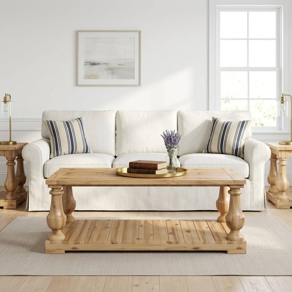 GARITIN Farmhouse Coffee Table with Storage Shelf, Solid Wood Turned Legs, 2-Tier Rustic Wood Center Table for Living Room, Natural
