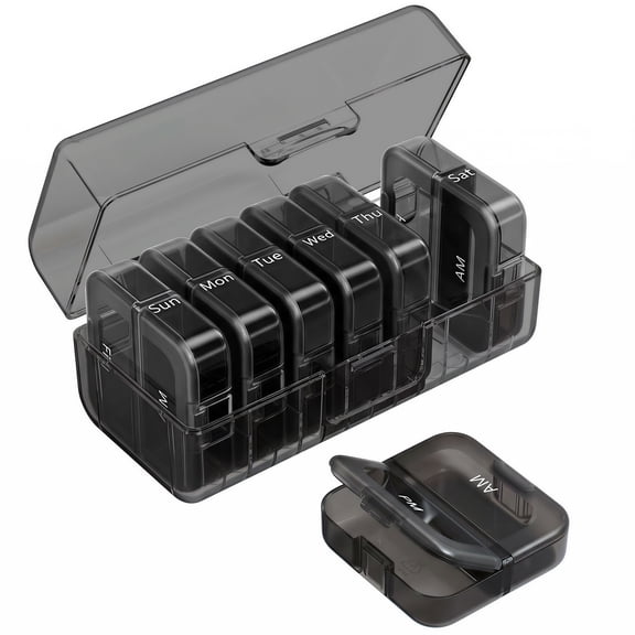 Weekly Pill Organizer 2 Times a Day, 7 Day Large Pill Box, Pill Case AM PM for Travel, Medication Container for Daily Vitamin,Supplements and Medicine, Morning and Night (Black)