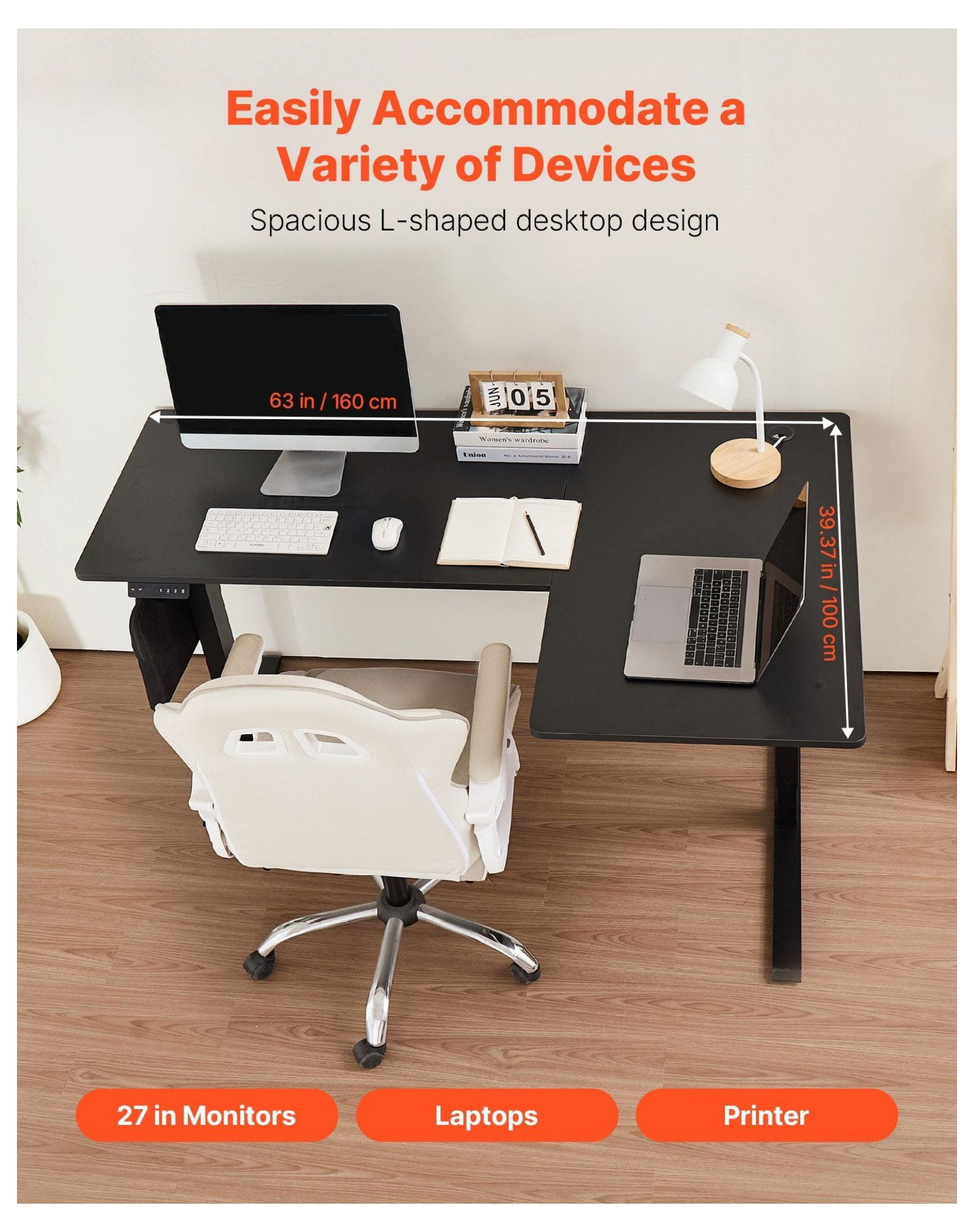 L Shaped Desk Electric Adjustable Height Corner Gaming Desk with Hooks - 63x39.37in Standing Desk Converter for Home Office, Dual Motor, Sit-Stand