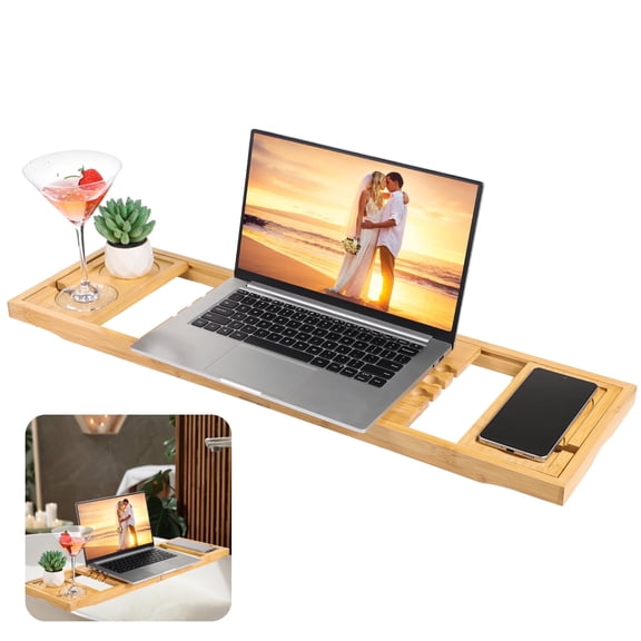 Bamboo Bathtub Caddy Tray, Adjustable 29.3" to 37.4", Expandable Bath Shelf with Multiple Slots, Wine Glass Holder, Tablet Stand Spa Tray for Tub, Bathroom