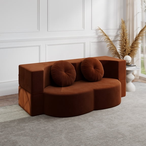 No-Assembly Convertible Floor Sofa Bed - 14.2" Full Size Folding Mattress, Plush Corduroy Foam-Filled with 2 Pillows, Orange for Living Room/Guest Bed