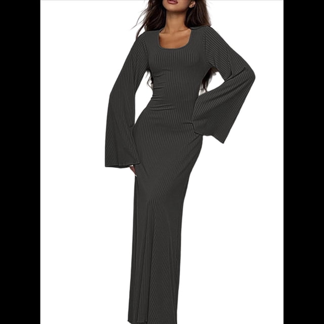 Vestido de Invitada de Boda para Mujer, Larga, Ajustado, de Punto Acanalado, Maxivestido Formal de Otoño Gris Oscuro L