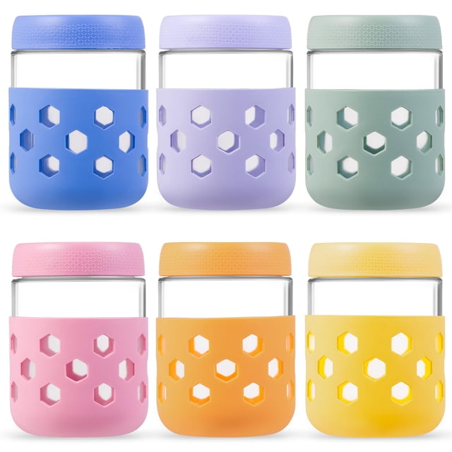 Mrsdry 6 Pack Overnight Oats Jar, Mason Jars with Lids and Protective Silicone Sleeve, 16 oz Glass Chia Pudding Jars, Mason Salad
