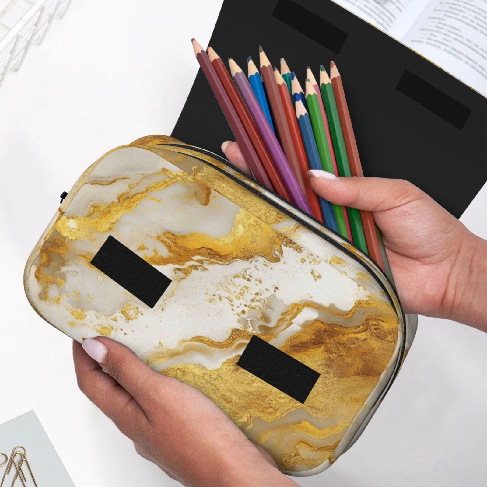 Large-Capacity Flip-Top Double-Layer Pencil Case, Multi-Functional Pocket Pen Case, Durable Stationery Organizer Gold Marble_1