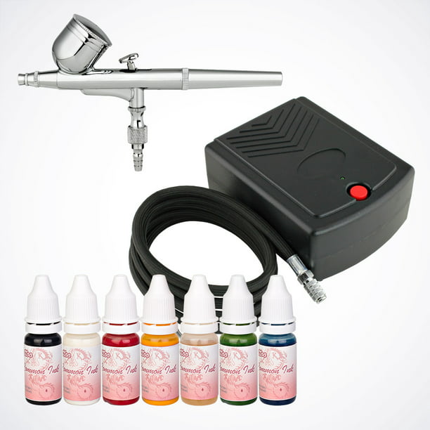 Temporary Tattoo Airbrush Kit 7 Color Ink Air Compressor Dual Action Gun  Beauty 