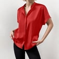 thumbnail image 2 of Camisa de manga corta de satén liso para mujer - Top elegante con cuello alto - Acabado satinado para ocasiones informales/formales - Tallas S-XL, 2 of 5