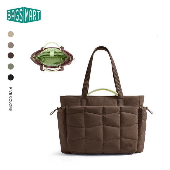 BAGSMART TRINI Tote Bag for 15.6" Laptop, Water-Resistant Shoulder Bag for Work Travel Commuter Handbag with Luggage Pass-Through, Coffee Brown (Large)
