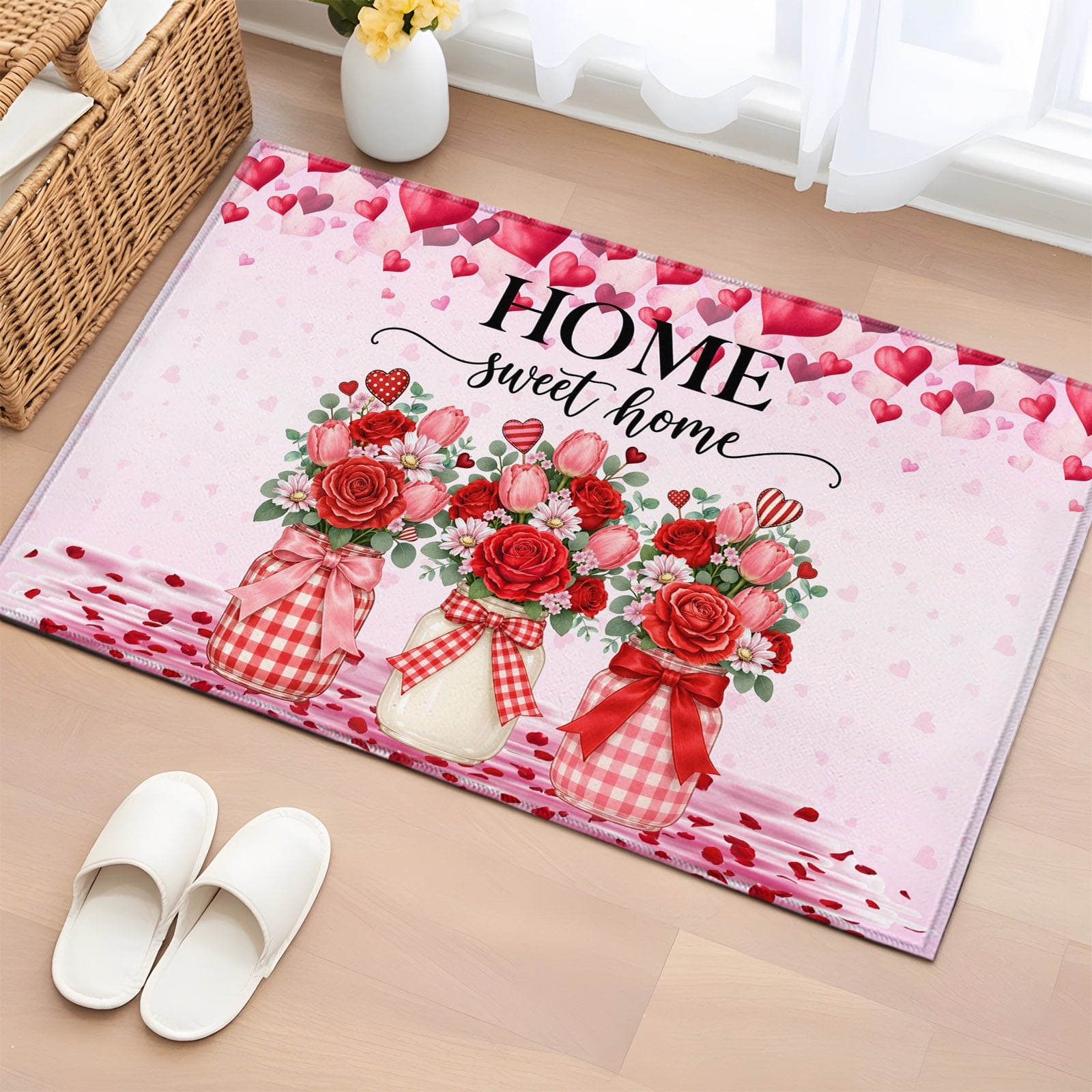 Rectangle Rug 2x3ft Area Rug Flower Valentine s Day Area Rugs for Living Room Bedroom Rose Pink Heart Bow Floor Mat Non-Slip Non-Shedding Carpet Indoor Accent Rugs