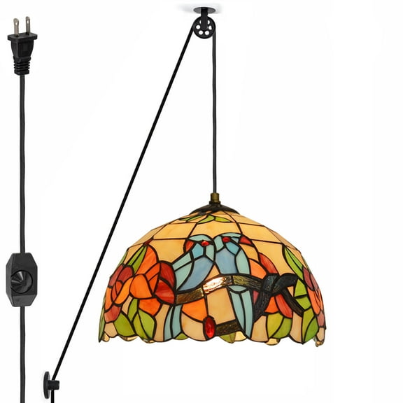 Kiven Plug in Classic Pendant Light, Pulley Hanging Light with Glass Lampshade and 15FT Cord, Retro Dimmable Ceiling Pendant Light for Bedroom Foyer Hallway Kitchen Island, E26 Socket