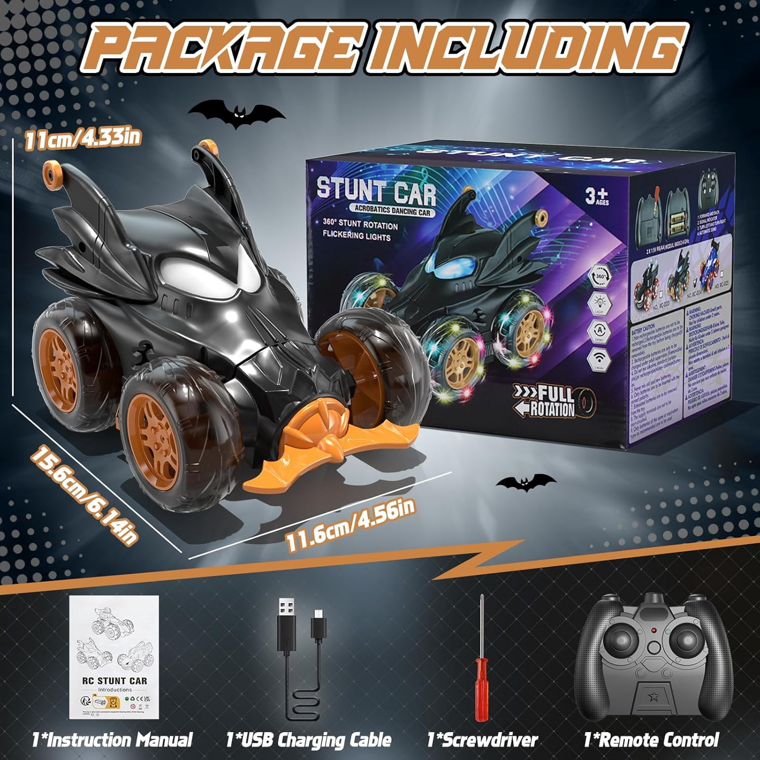Bat Remote Control Cars for Boys 4-7, 2.4Ghz Rechargeable RC Stunt Car with Cool Lights Toys Gift for Boys Age 4 5 6 7 8 Year Old Outdoor Toys