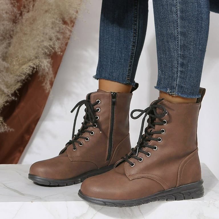 CBGELRT Comfort Boots for Women Fashion Low Heel Flat Bottom Lace up Chelsea Boots Fall Winter Ankle Booties Casual Shoes 39 Brown