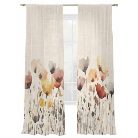 Watercolor Poppy Sheer Curtains 2 Panels Set Spring Flowers Sheer Window Curtains Light Filtering Rod Pocket Voile Drapes for Bedroom Living Room 52 X84