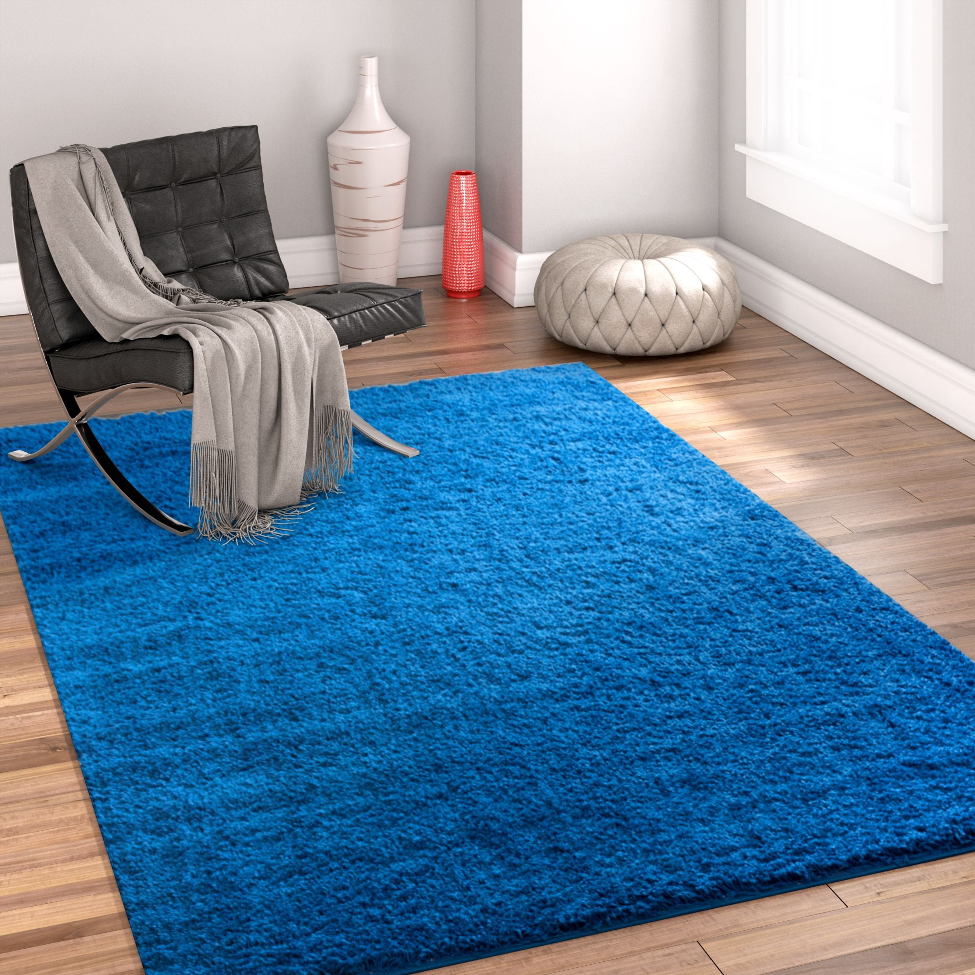 Well Woven Madison Shag Plain Modern Solid Dark Blue 5' x 7'2