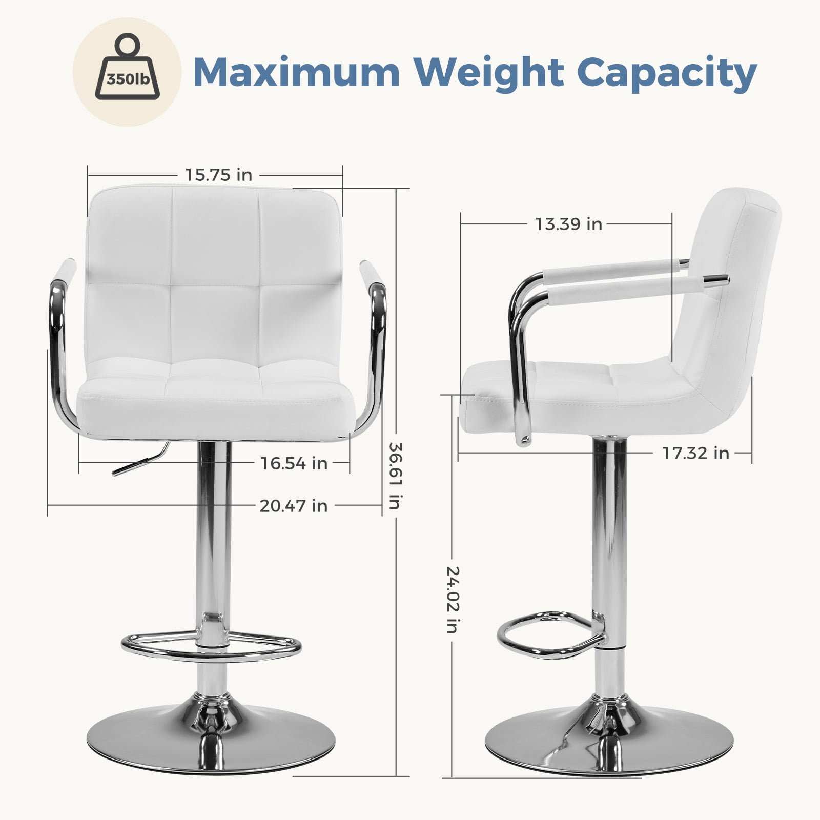 edx Bar Stools Set of 2 with PU Leather, Swivel High Back Bar Stools with Handles for Kitchen Island, White
