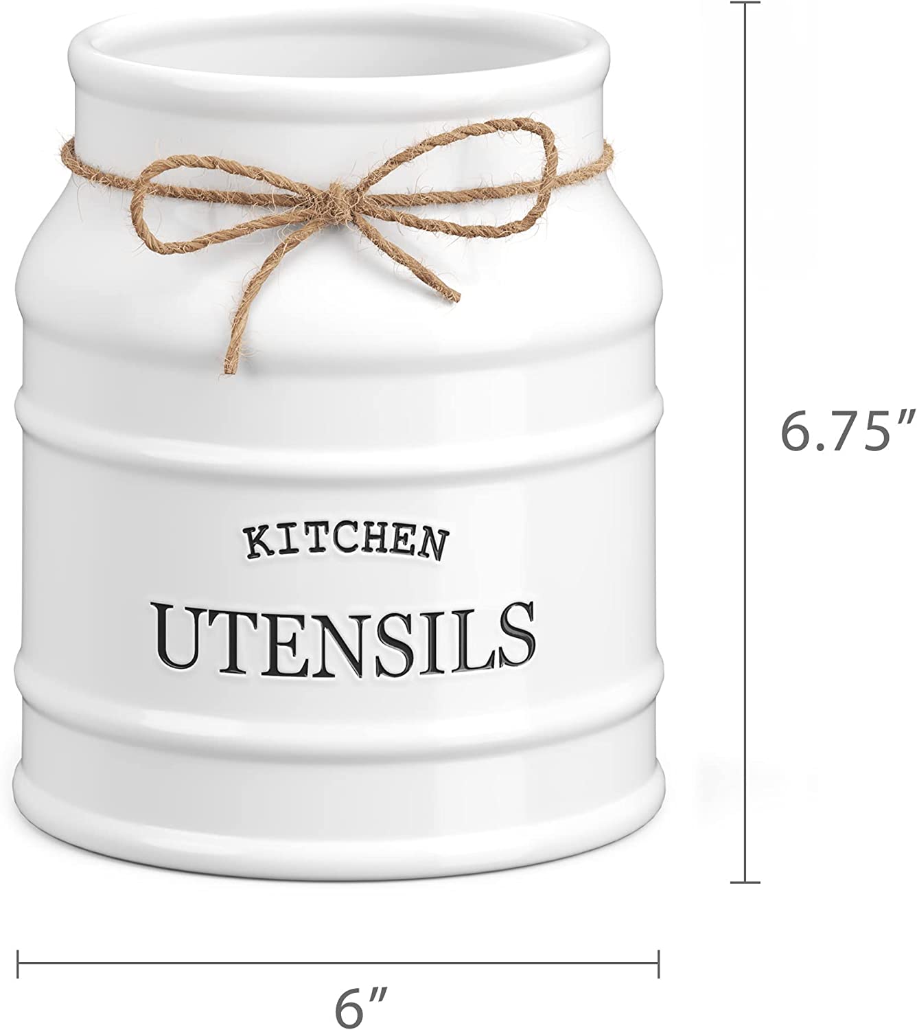 Ceramic Farmhouse Utensil Holder for Kitchen Counter, Large Rustic Utensil Crock, Countertop Cooking Tool Spatula Organizer, 6.75” (White)