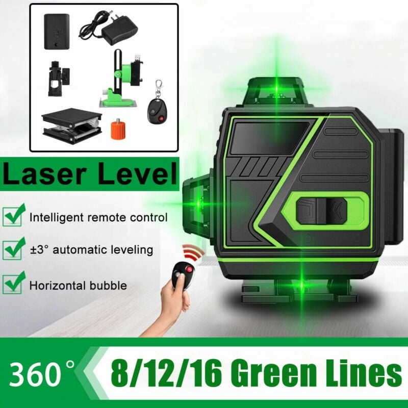 Green Laser Level 12/16 Lines 360° Auto Self Leveling Rotary Cross Measure Tool