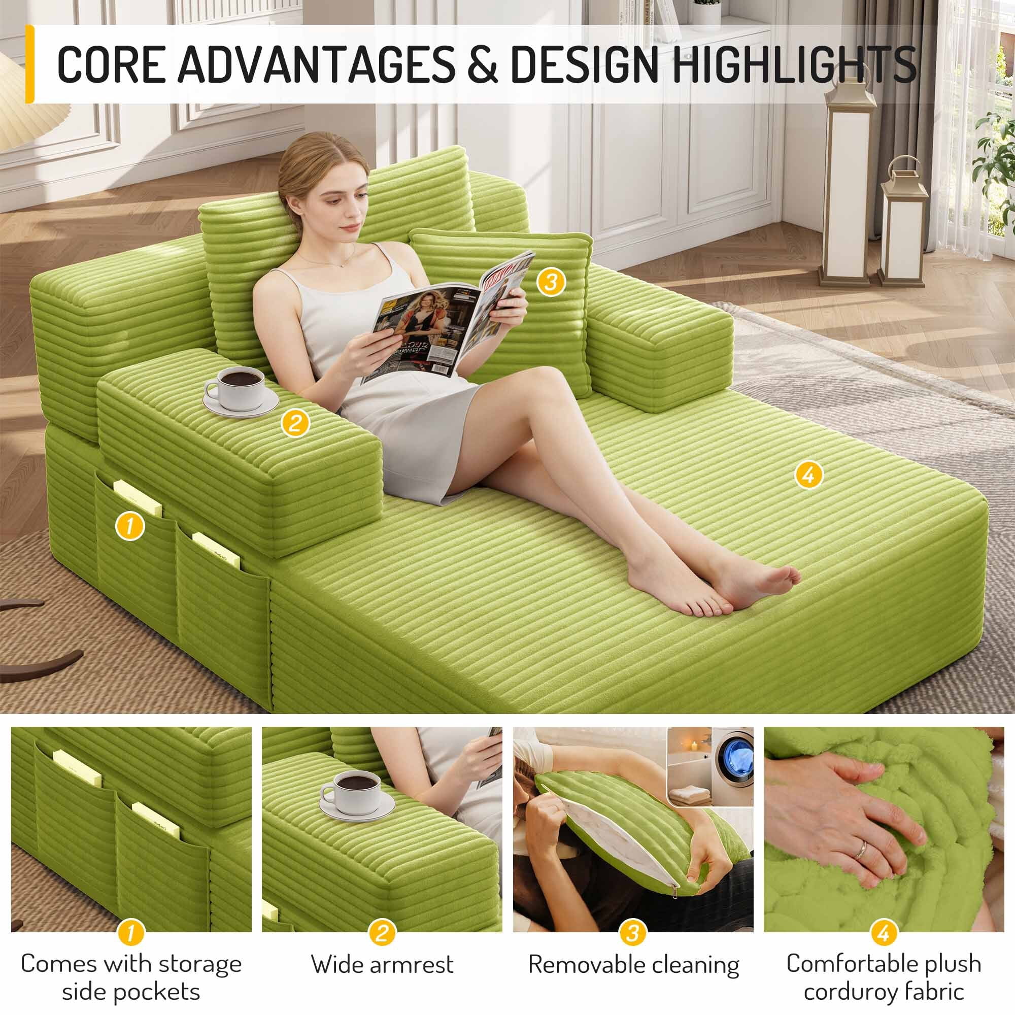Lunale Boneless Chaise Lounge Chair Indoor, Oversized Convertible Sofa Bed, Cloud Corduroy Sofa Chair for Living Room, Light Green