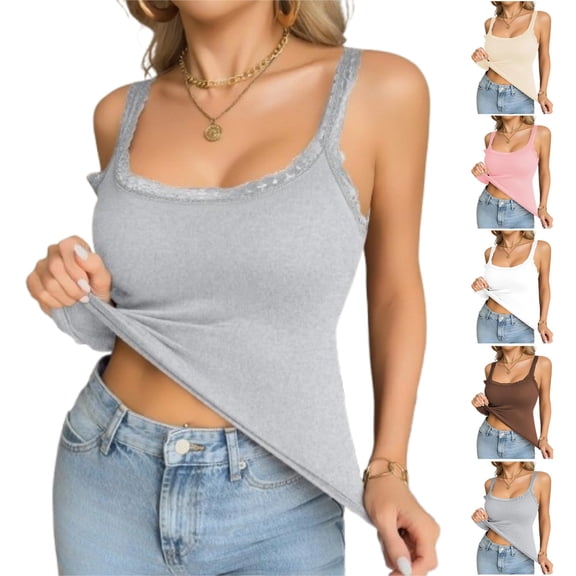Women's Square Neck Lace Trim Sleeveless Slim Fit Tank Tops Y2K Going Out Camisole Shirts, #02 Gray, L