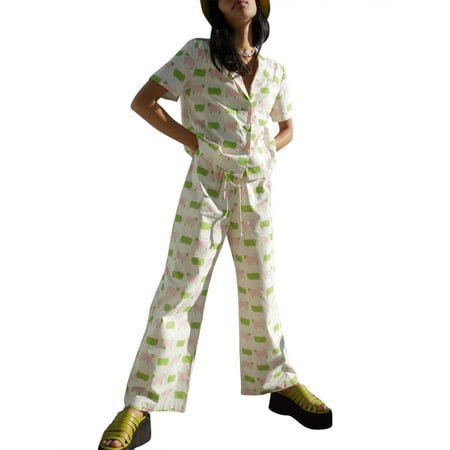 

AmShibel 2 Pcs Women Printed Shirts Pant Pajamas Set Button-down Short Sleeve Turn-down Collar Shirt + Wide-leg pants