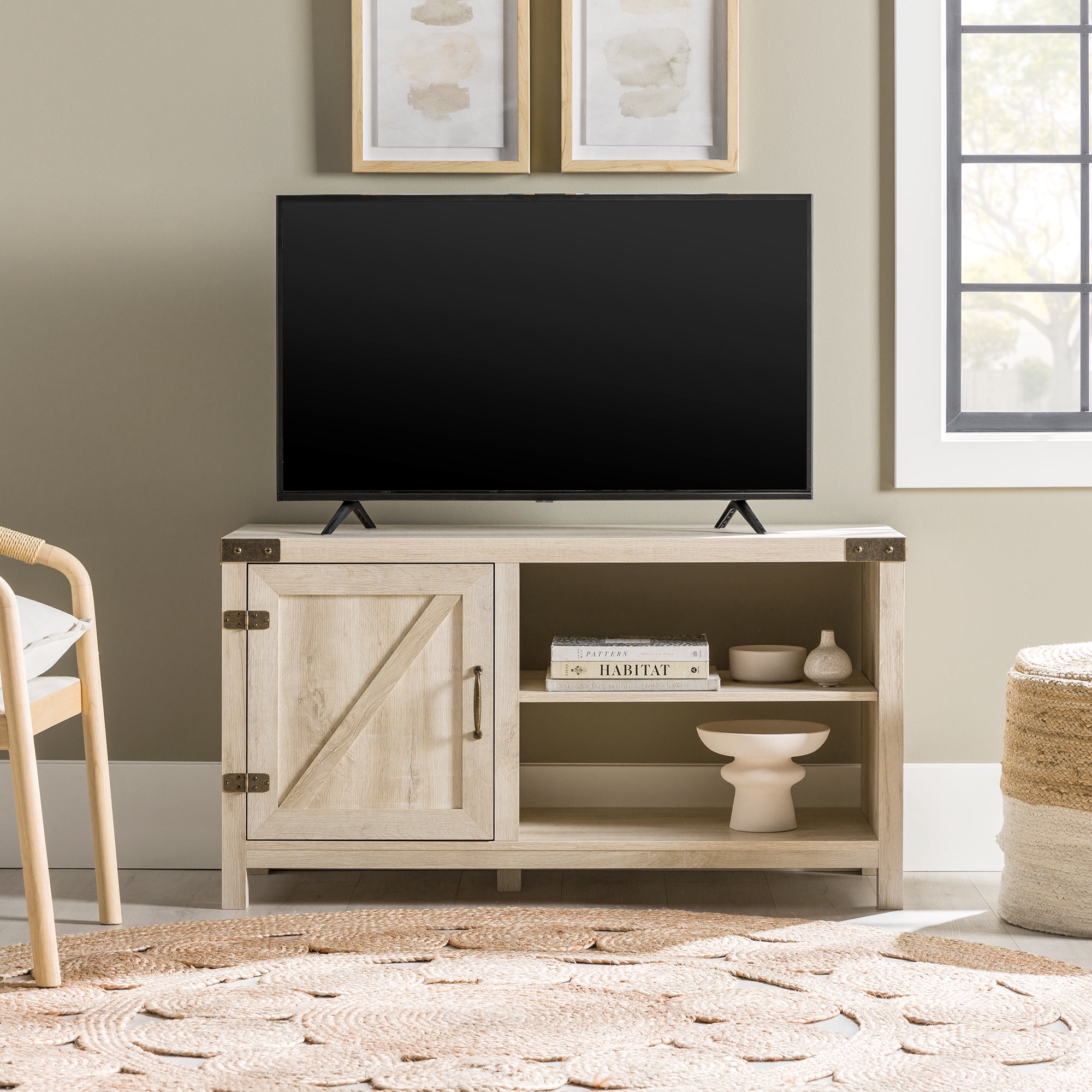 Woven Paths Farmhouse Barn Door TV Stand for TVs up to 50", White Oak