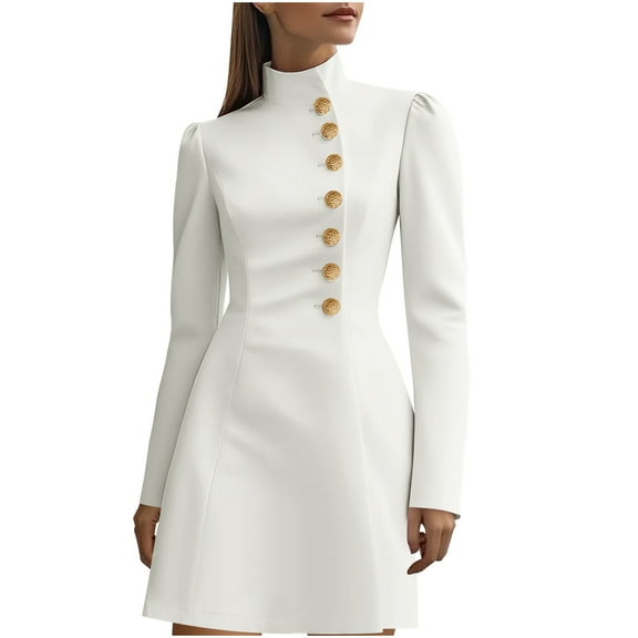 Ashirexll Midi Dresses for Women, Womens Winter Dresses, Solid Long Sleeve Stand Collar Buttons Waisted Elegant Dress