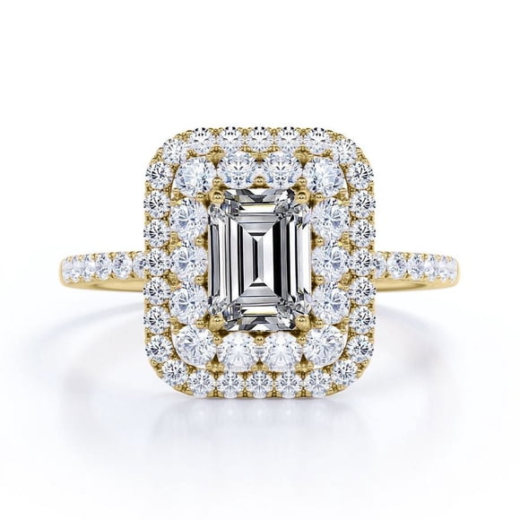 JeenMata Anillo de Compromiso de Moissanita de Corte Esmeralda de 1,5 Quilates - Anillo Nupcial - Anillo de Doble Halo - Anillo de Racimo - Oro Amarillo de 18 K sobre Plata