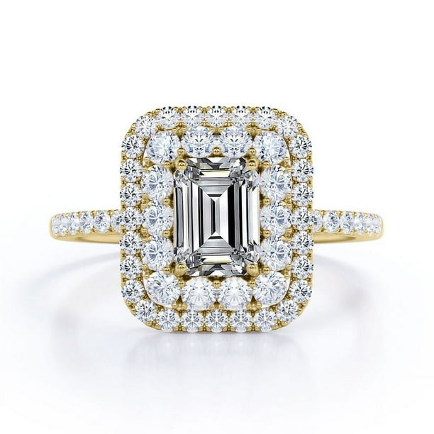 JeenMata Anillo de Compromiso de Moissanita de Corte Esmeralda de 1,5 Quilates - Anillo Nupcial - Anillo de Doble Halo - Anillo de Racimo - Oro Amarillo de 18 K sobre Plata
