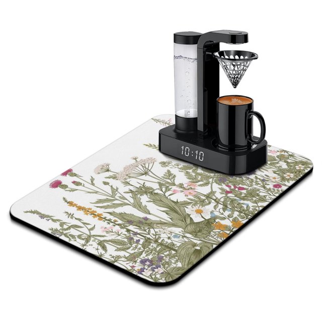 Chic Vintage Dish Drying Mat, Wild Flower & Herb Botanical Design, Large 18x24 Inch, Super Absorbent Microfiber, Ideal for Kitchen Counter and Coffee Bar Decor