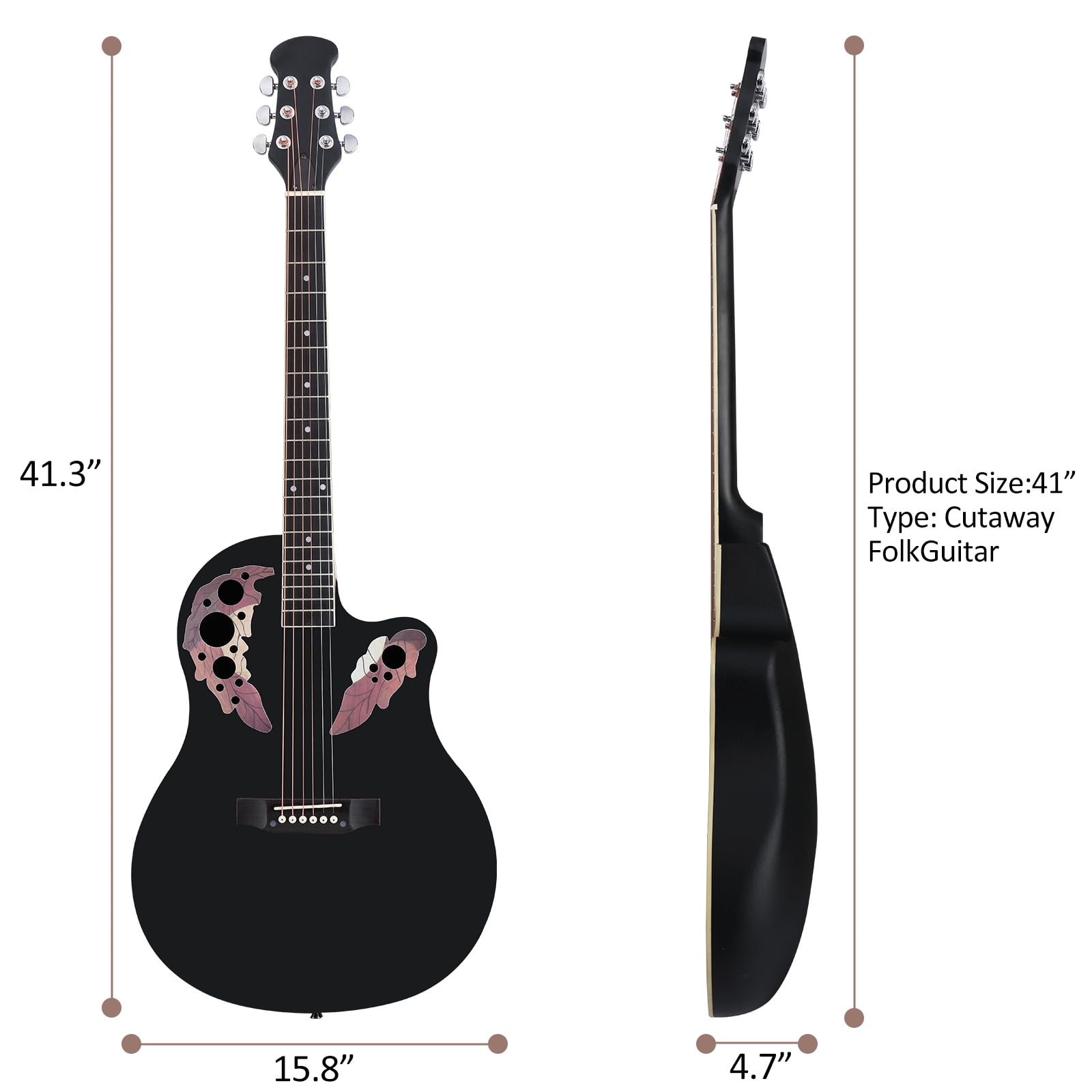41" Cutawary Round Back Acoustic Guitar Spruce Top Grape Hole, Black
