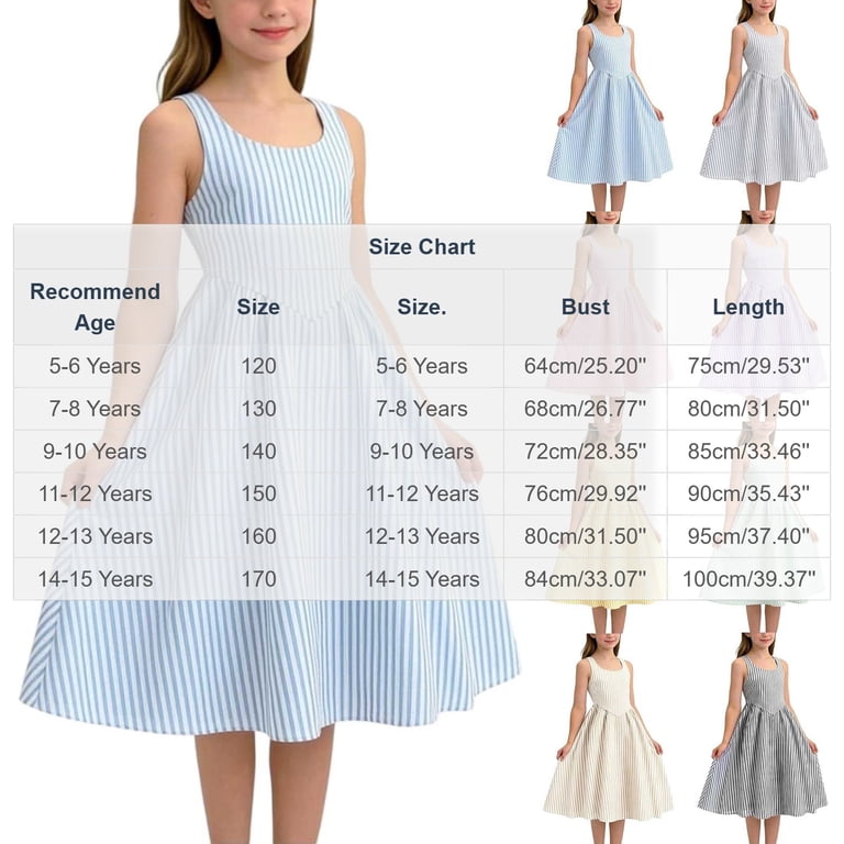 round neck stripe print high waist dress Dvprdro Girls Summer Dresses High Waist A-line Swing Dress Crew Neck  Sleeveless Stripe Print Casual Daily Party Wear