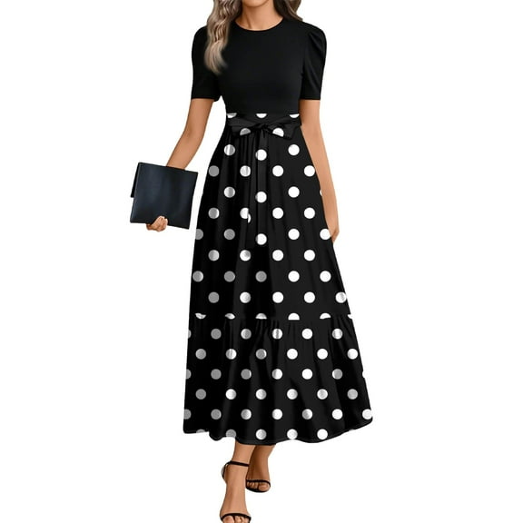 TQWQT Modest Dresses for Women Short Sleeve Teacher Dress Polka Dot Print Maternity Maxi Dresses Empire Waist Casual Patchwork Ruffle Hem A Line Dresses Wedding Guest Modest Clothing Black L