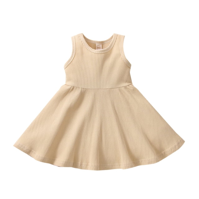 Odeerbi Tanque de Algodón Para Niñas En Verano Vestido de Punto de Canalé A-Line Sun Vestido Dulce Color Sólido Cuello Redondo Vestido Sin Mangas
