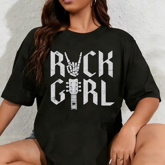 100% Cotton Unisex Girls Rock, Rock'n Roll Girl, Rock On Skeleton, Guitar Band T-Shirt