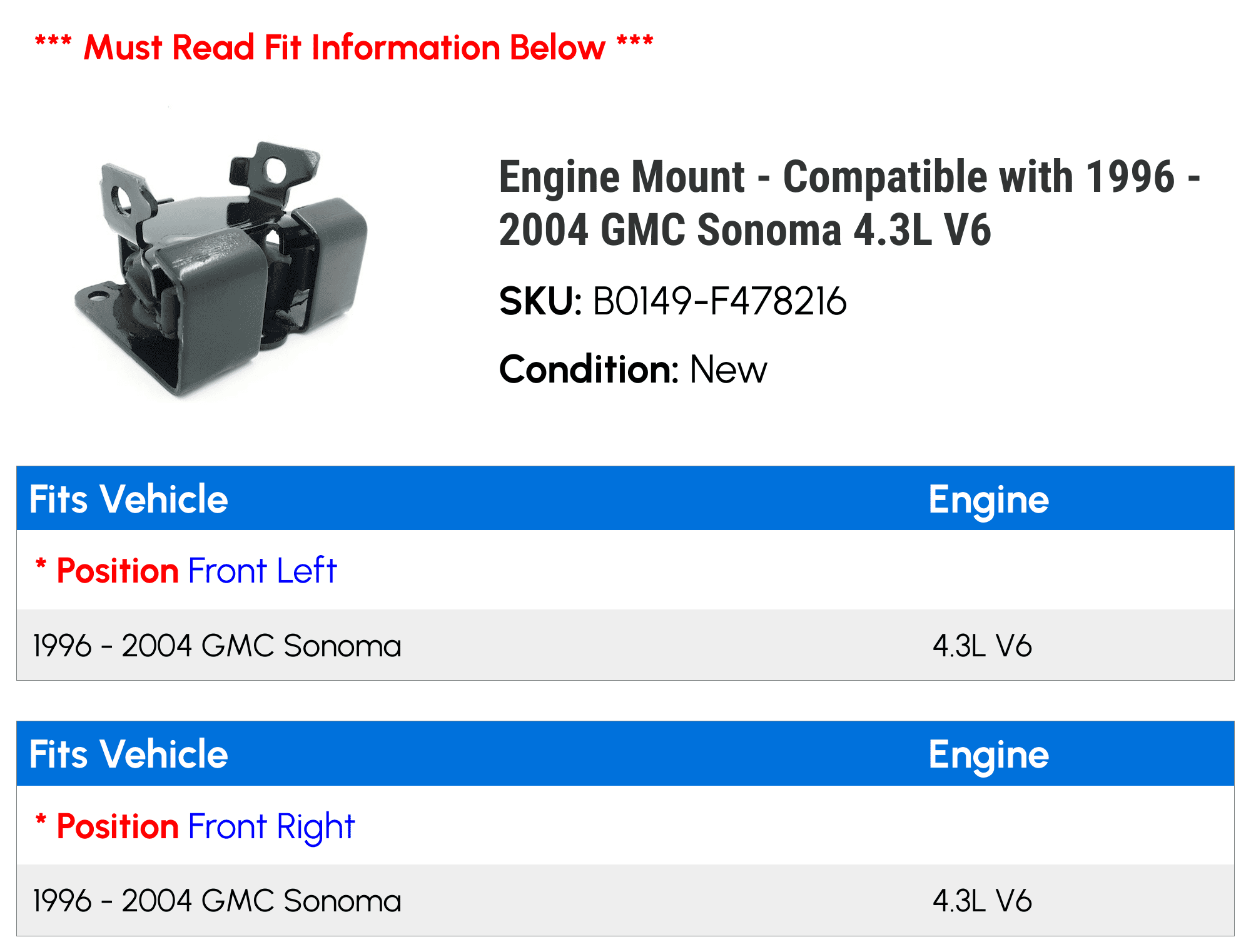 Engine Mount - Compatible with 1996 - 2004 GMC Sonoma 4.3L V6 1997 1998 1999 2000 2001 2002 2003