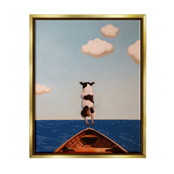 Stupell Industries Dog Jumping In Lake Animals & Insects Painting Gold Floater Framed Canvas Art Print Wall Art, 25 x 31