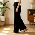 thumbnail image 5 of Women's Soft Cotton Wide Leg Pants, Elastic High Waist Drawstring Flowy Trousers with Pockets, Tummy Control Straight Leg Summer Beach Travel | TruHer,Black S, 5 of 7