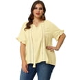 thumbnail image 4 of Plus Size Blouse for Women Self Tie Neck Lace Hollow Out Ruffle Short Sleeve Tops Yellow Cream 1X, 4 of 7