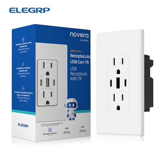 ELEGRP 30W 6.0 Amp 3-Port USB Wall Outlet, 15A Duplex Receptacle with Dual Type C & A Ports,UL Listed,w/Srewless Wall Plate, Matte White 1PC